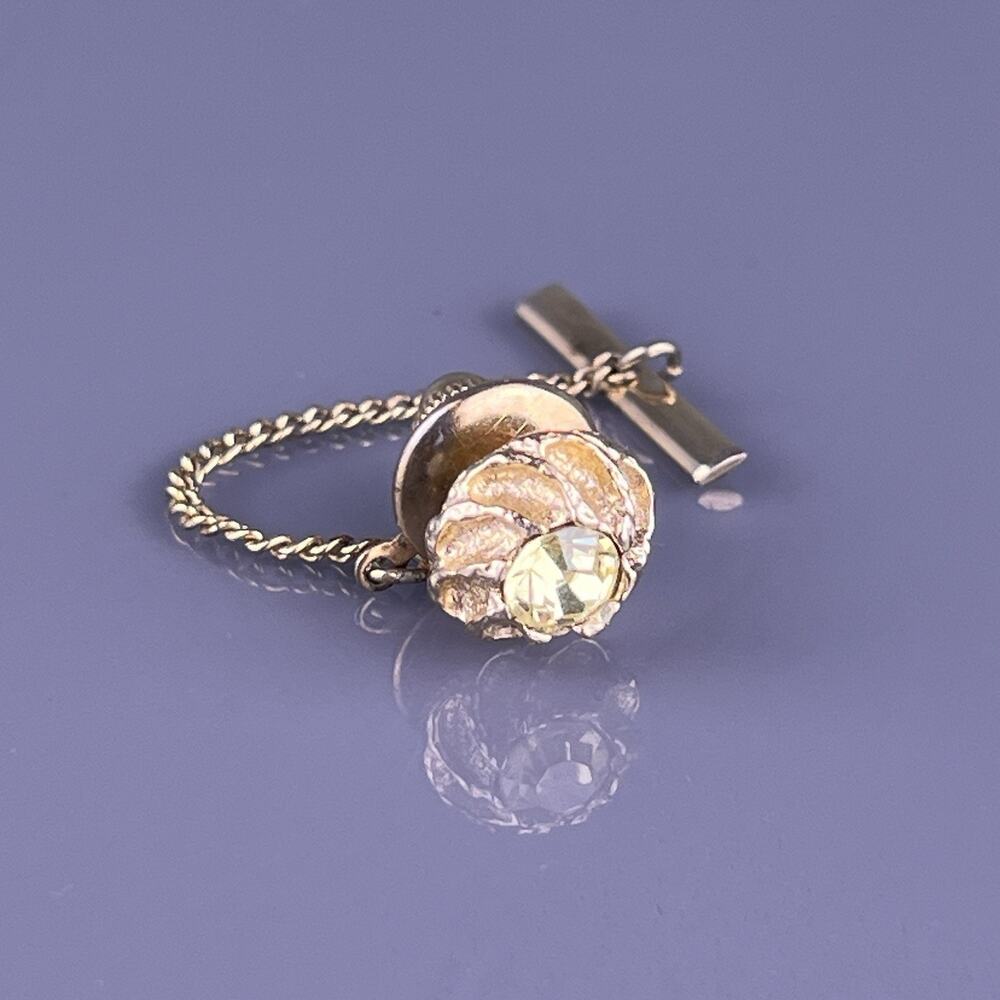 Wreath White Rhinestone Tie Tack Pin Gold Tone Swank Round Vintage